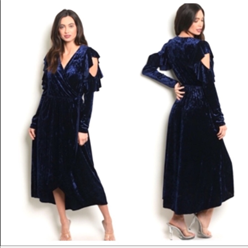 ✨LUXURIOUS✨BLUE VELVET DRESS-NEW- S-M✨SLIP WRAP✨LONG SLEEVE - Picture 4 of 9